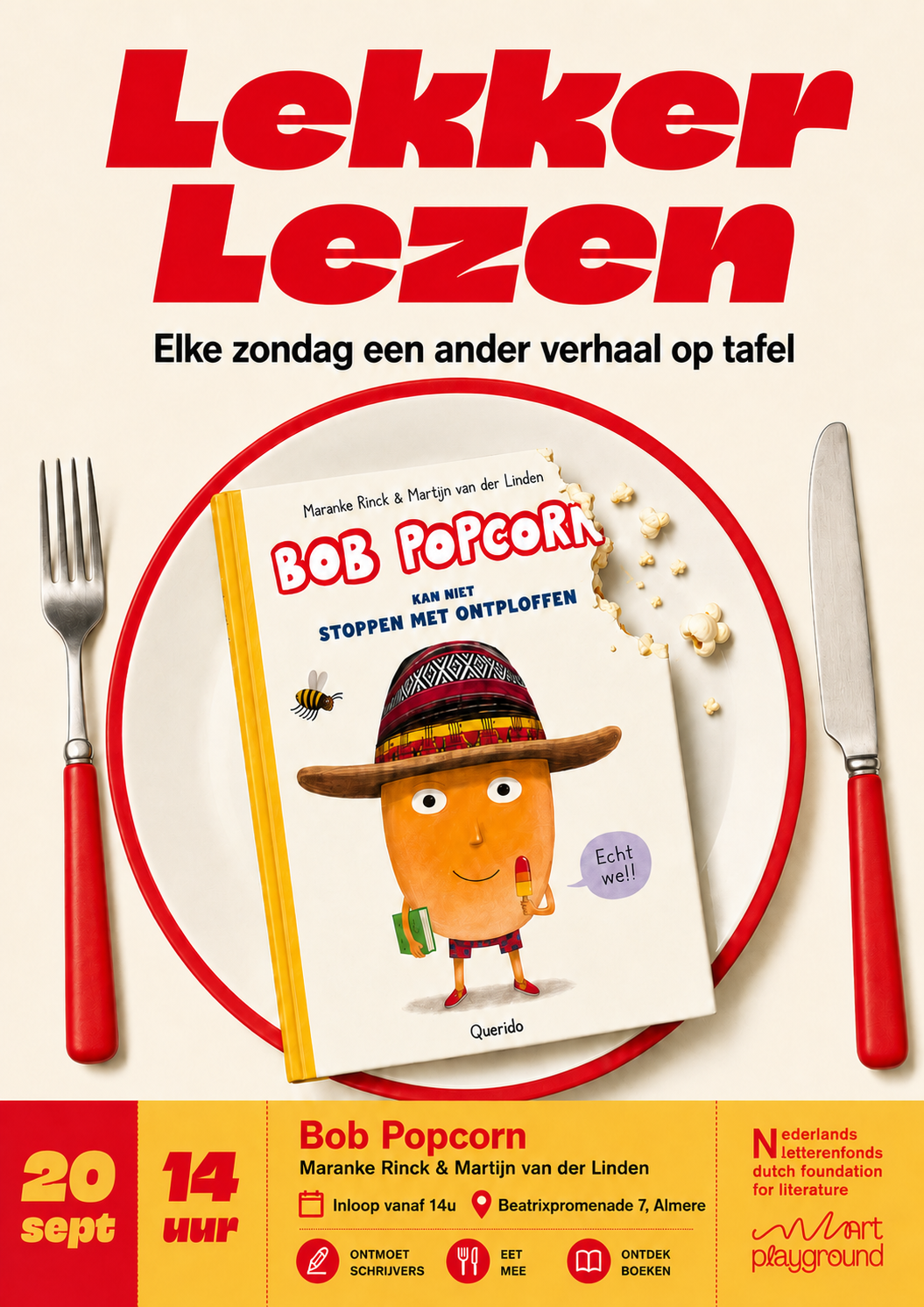 Poster van Lekker Lezen met Bob Popcorn op een bord met mes en vork